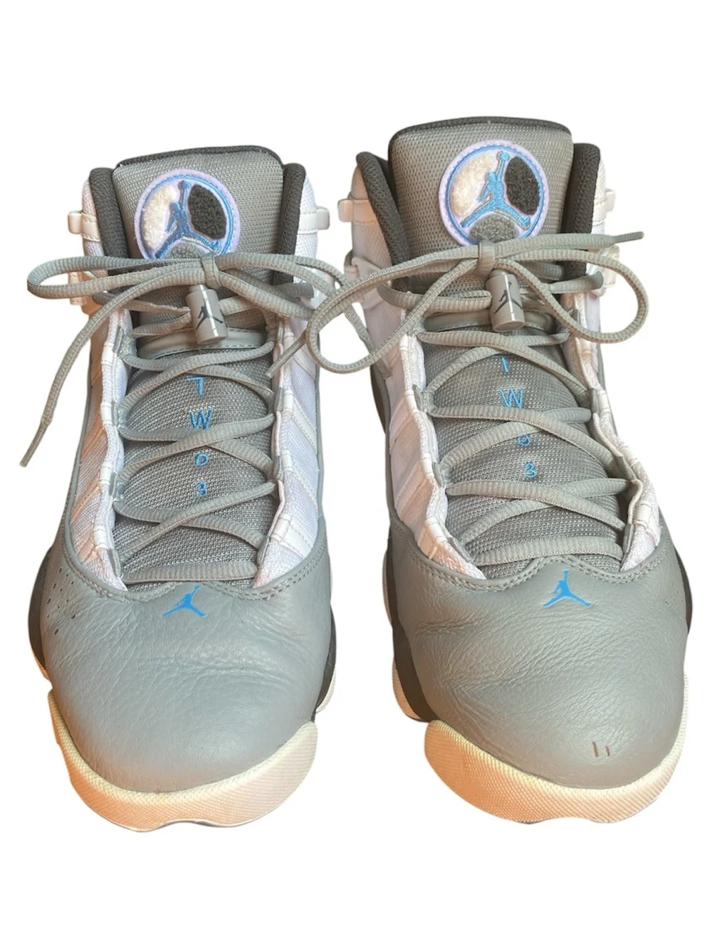 Jordan Gray and White High-Top Sneakers with Light Blue Jumpman